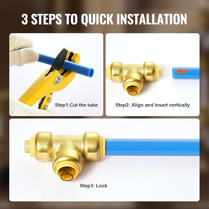 VEVOR Pipe Fittings, 1/2" 12PCS Tee Brass Pipe Fittings, Push-Fit Pipe Connector Brass Air Fittings, Heavy Duty Plumbing Fittings Adapter for Heating/Shower Systems, Water Pipes