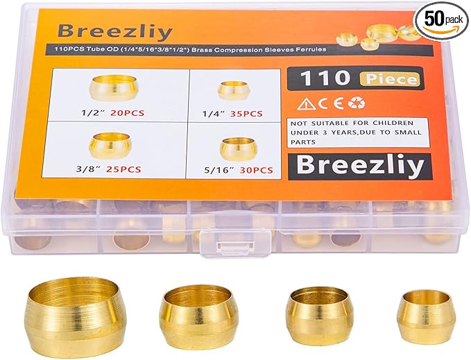 110PCS Tube OD（1/4" 5/16" 3/8" 1/2") Brass Compression Sleeves Ferrules,Brass Compression Fitting Assortment Kit