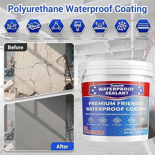 Polyurethane Waterproof Coating, 51 Fl 0z., Light Grey, Polyurethane Sealant for Multi-Surface Leak Repair Roofs, Gutters, Basements, Indoor and Outdoor Waterproofing Sealant Coating