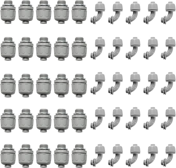 Conduit Connectors, 1/2 Inch Liquid Tight Connector NPT Non-Metallic for PVC Electrical Flexible Conduit Fittings, 25 Straight and 25 Angle 90 Degree, UL Listed, Grey (50-Pack)