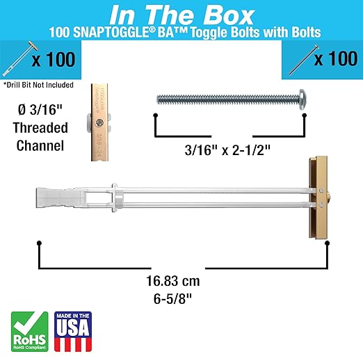 TOGGLER SNAPTOGGLE Drywall Anchors & Heavy-Duty Toggle Bolts – Zinc-Plated 1/4"-20 & 3/16"-24 UNC Anchors for Hollow Walls, Plaster & Tile – 100 Pack Each with Bolts Included