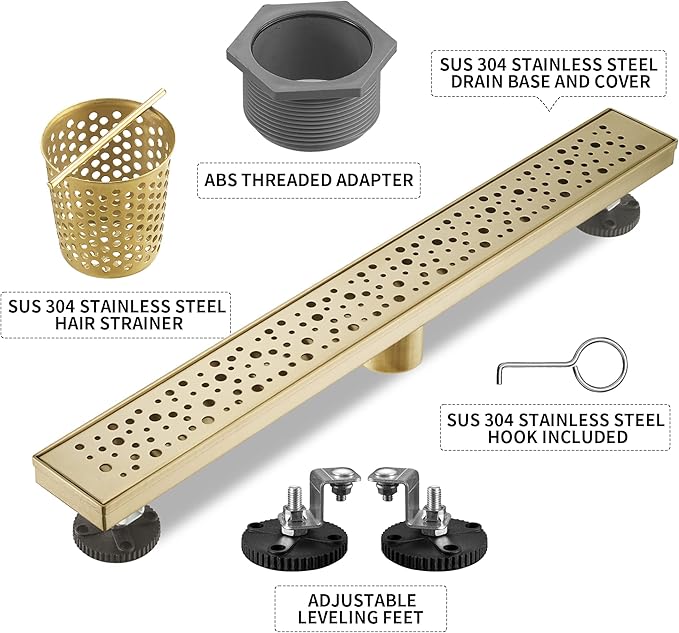 Linear Shower Drain 28 Inch, Bubbles Shower Drain SUS-304 Stainless Steel, 51L/Min Fast Drainage Floor Linear Drain, US Standard CUPC Certified, Zirconium Gold, SD-099