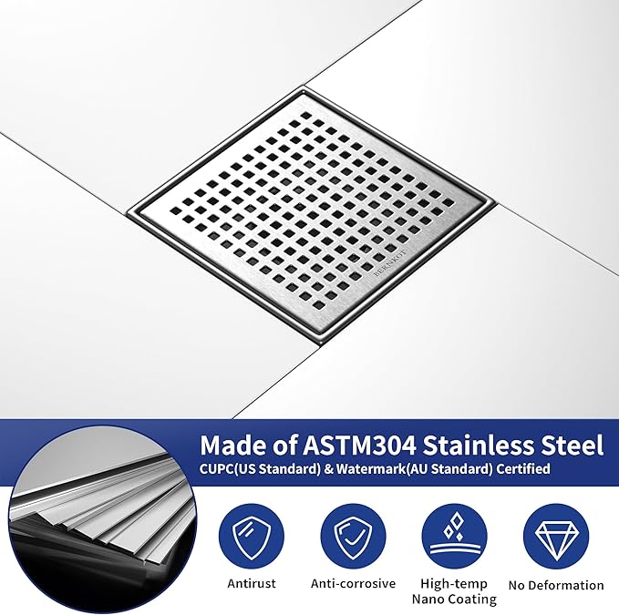Square Shower Drain 6", 304 Stainless Steel Floor Drain w/Hair Strainer, Grid Shower Drain w/CUPC Certified, Brushed