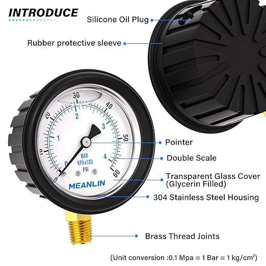 MEANLIN MEASURE 0~60Psi Stainless Steel 1/4" NPT 2.5" FACE DIAL Liquid Filled Pressure Gauge, Lower Mount (with Rubber Protective Sleeve), with 1/2" NPT and 3/8" NPT Hex Bushing