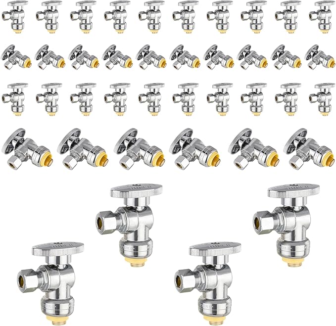 40-Pack Foskan Push Fit Angle Stop Valve,1/4 Turn Shut off Valve 1/2" Push Fit x 3/8" OD,Chrome Plated Brass