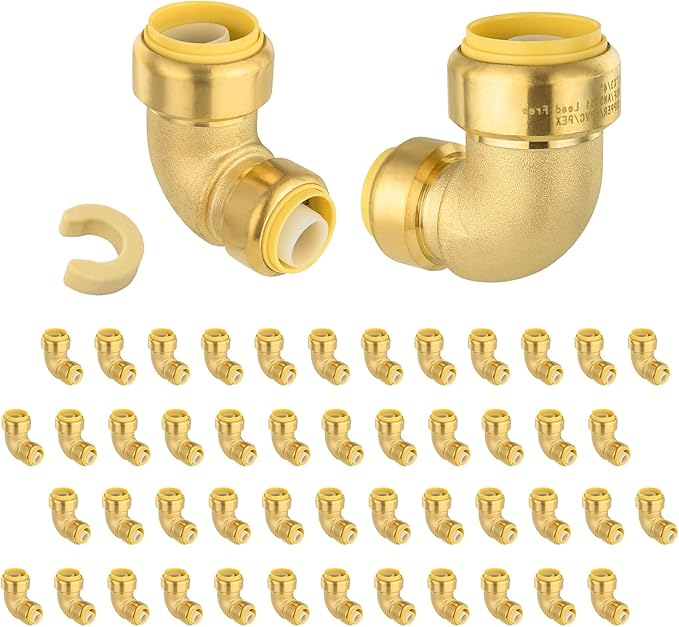 (Pack of 50) Niikappu 1 Inch x 3/4 Inch Reducing Elbow Brass Fitting, Push to Connect Plumbing Brass Fittings, PEX, Copper, CPVC, PE-RT Pipes