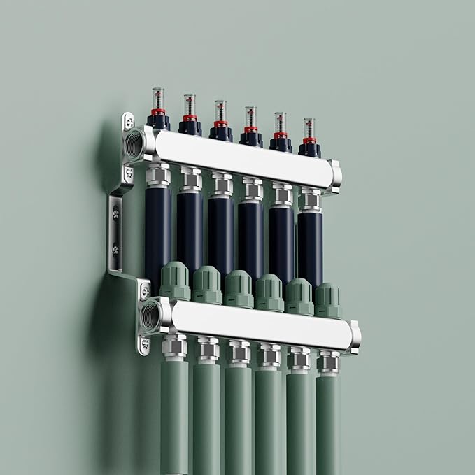 6 Loop Stainment Steel Manifold for Radiant Heat with Flow Meters, 1/2" Inch Compression Fittings, for Hydronic Infloor Heating System