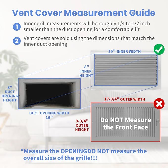 16 x 8 Inch [Duct Opening] Air Vent Covers for Wall or Ceiling - High Airflow 2 Way Steel Ventilation - Adjustable Wall/Ceiling Register, 17-3/4 Inch x 9-3/4 Inch [Overall Dimensions]