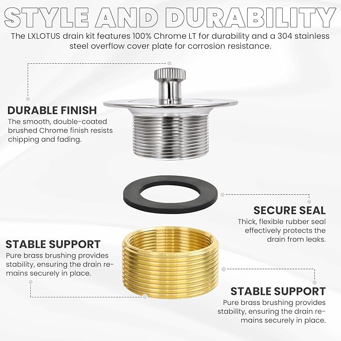 Chrome Bathtub Drain Kit, Lift and Turn - Polished Chrome Tub Drain and Overflow Drain Cover, Plug and Kit for Universal Fit 1-3/8" and 1-1/2" Drains