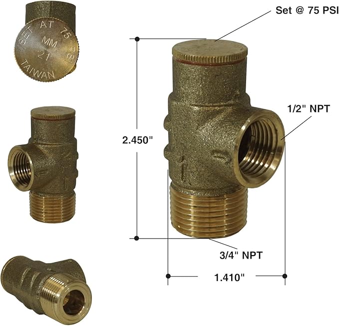 Merrill MFG PRVNL75 No Lead Brass Pressure Relief Valve 75 PSI, 3/4"