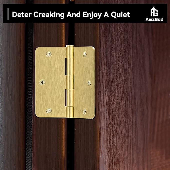 Door Hinges Satin Brass - 24 Pack Gold Door Hinges 3.5 Inch Rounded Interior Door Hinge with 1/4" Radius - 3 1/2 Inches Flat Iron Brass Hinge for Residential Standard Doors