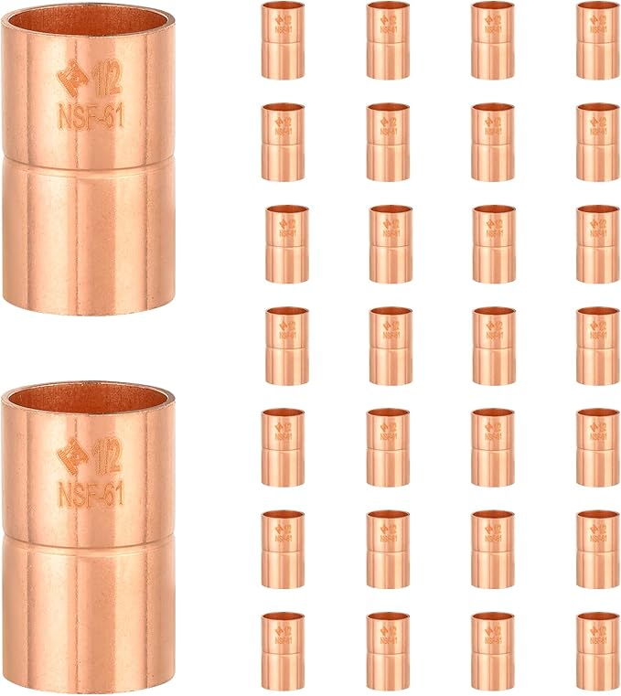 30-Pack HeSun Copper Fittings, 1/2-Inch Copper Coupling with Rolled Stop, C x C with Sweat Solder Connection(COPPER001-30)