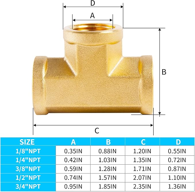 ChillWaves Brass Pipe Fitting, Tee 1/8" x 1/8" x 1/8" NPT Female Thread Adapter(3-PACK)
