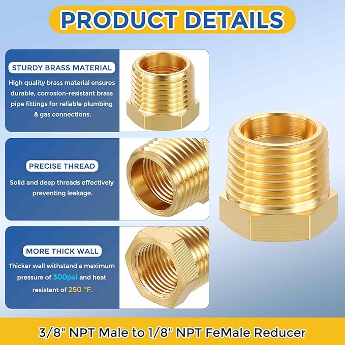4 Pack Brass Pipe Fittings, 3/8" NPT Male to 1/8" NPT FeMale Brass Hex Bushing Reducer, Hose Tube Threaded Adapter for Air, Oil, LP