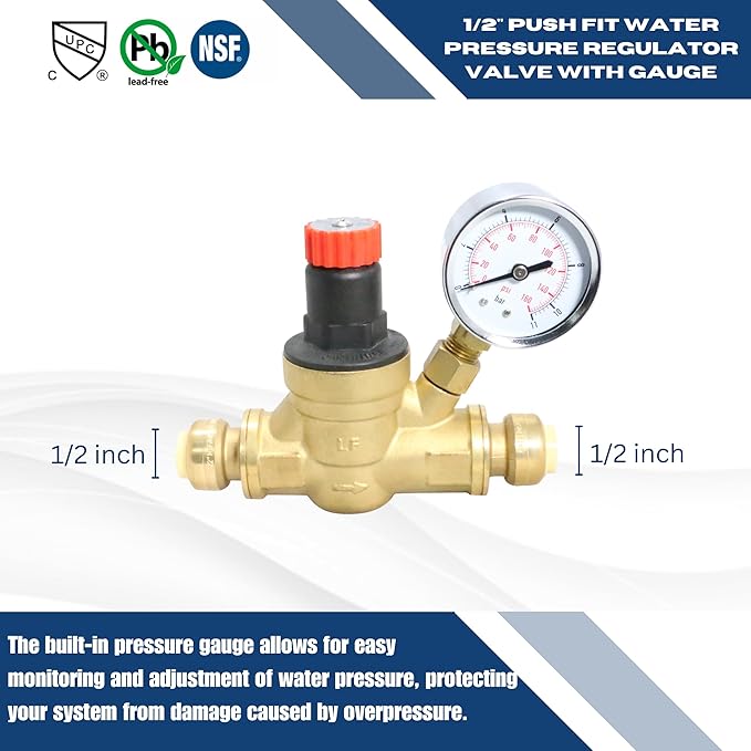 10 Pcs XFITTING 1/2 Inch Push Fit Water Pressure Regulator Valve with Gauge, 3-4-2=10XX