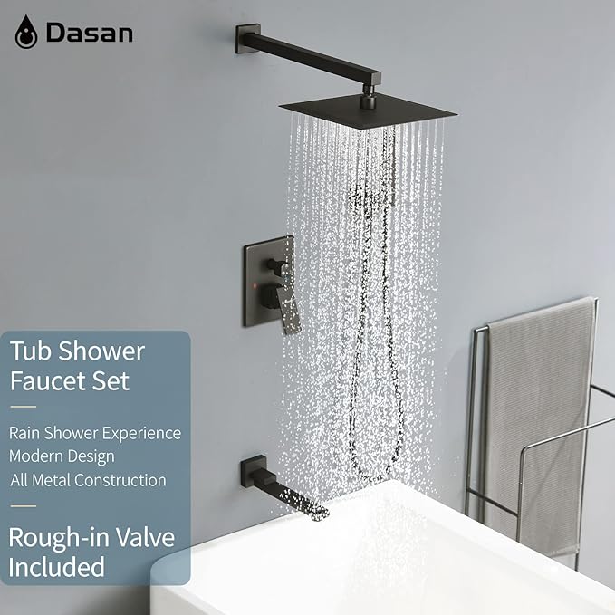 DASAN Tub Shower Faucets Sets Complete Matte Black Bathtub Shower System with Tub Spout, Bathtub Faucet Set Tub and Shower Faucet Combo Trim Kit with Rough-in Valve
