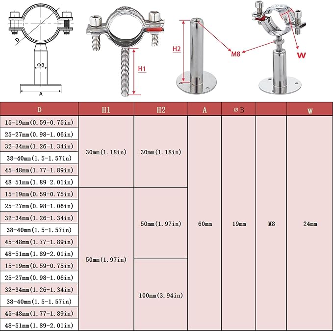 2PCS Wall Mount Ceiling Mount Pipe 304 Stainless Steel Pipe Supports Pipe Standoff Adjustable Height 30-60mm（1.18"-2.36"） for OD Pipe 48-51mm(1.89-2.01in)