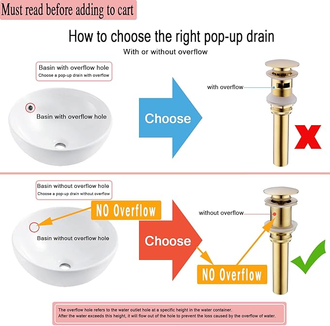 Bathroom Pop Up Drain Without Overflow, Bathroom Sink Push Pop Up Assembly Vessel Drain Without Overflow. (Brushed Gold)