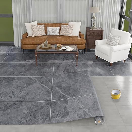 Freshtour Vinyl Flooring Roll, Versatile Removable PET Leather-Like Floor Covering, Waterproof & Durable, Easy Tape Installation, Cost-Effective for Any Room, Grey Marble/ 107.6 Sq.ft (39.3" x 393.7")