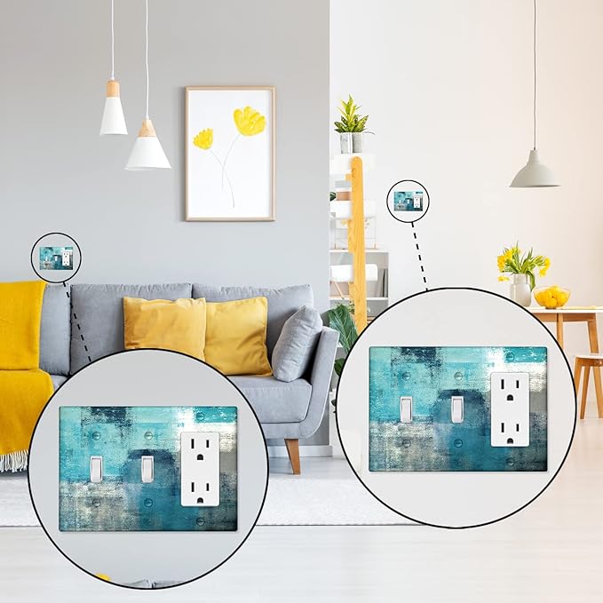 Turquoise Grey Light Switch Cover 3 Gang Decora/Toggle Decorative Wall Switch Plates Abstract Art Wallplates Outlets Cover for Kitchen Bedroom Decor