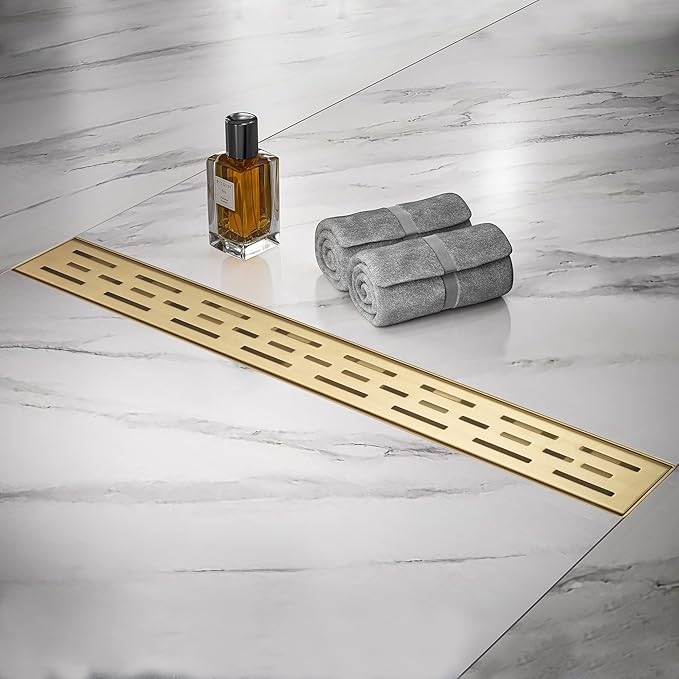 Linear Shower Drain, Brushed Gold Shower Drain 36 Inch with Removable Grate, SUS-304 Stainless Steel Rectangle Floor Drain with Leveling Feet and Hair Strainer, Bathroom Modern Drain SD-101
