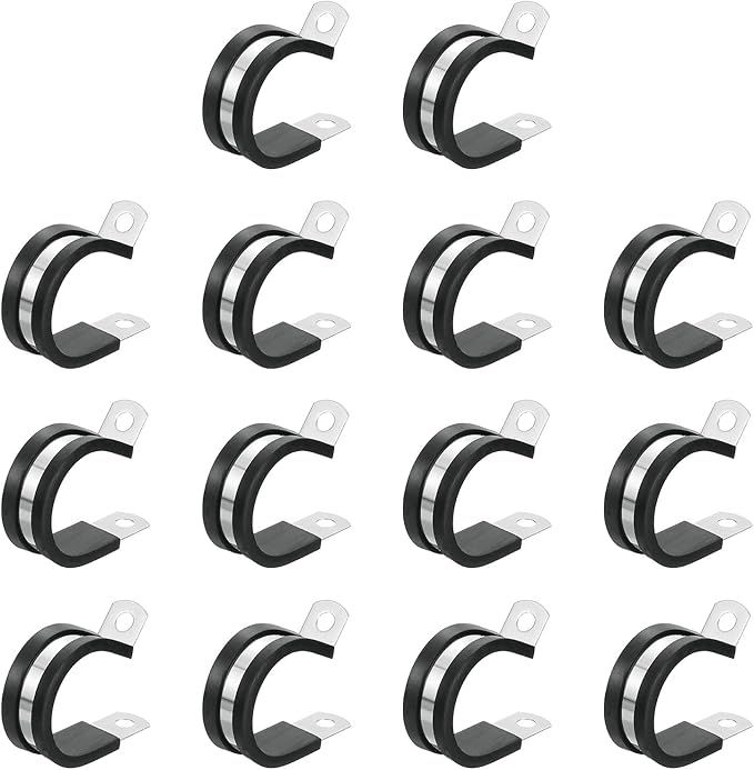 uxcell 1-1/8"(28mm) Cable Clamp, 304 Stainless Steel Rubber Cushioned Insulated Clamp R Shape Metal Clamp Tube Holder for Pipe Hose Wire Cord Installation 14Pcs