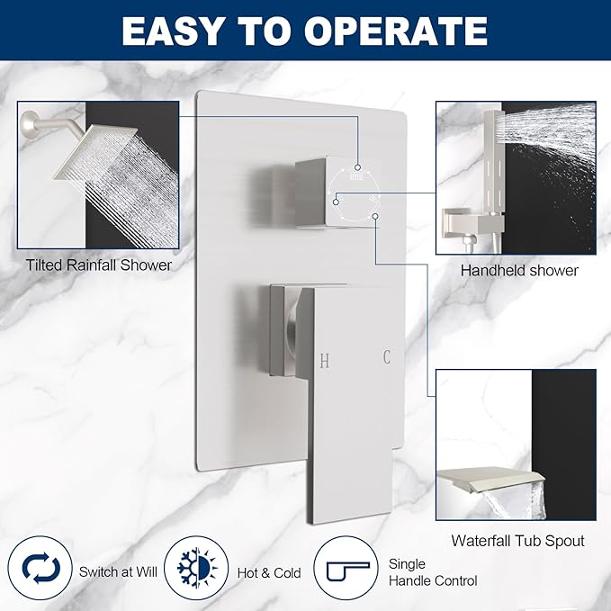 Drettyer Brushed Nickel Solid Brass 3 Way Outlet Function Shower Diverter Valve Pressure Balancing Mixer Shower Valve Kit Replacement