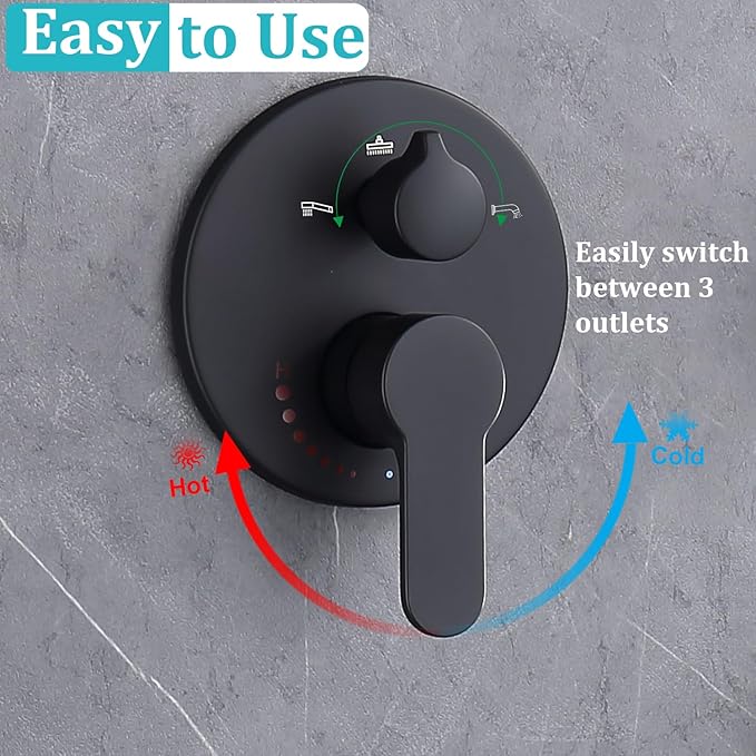 3 Way Shower Diverter Valve Wall Mount Pressure Balancing Shower Diverter Mixing Valve 3 Way Replacement Brass Mixer Kit Matte Black