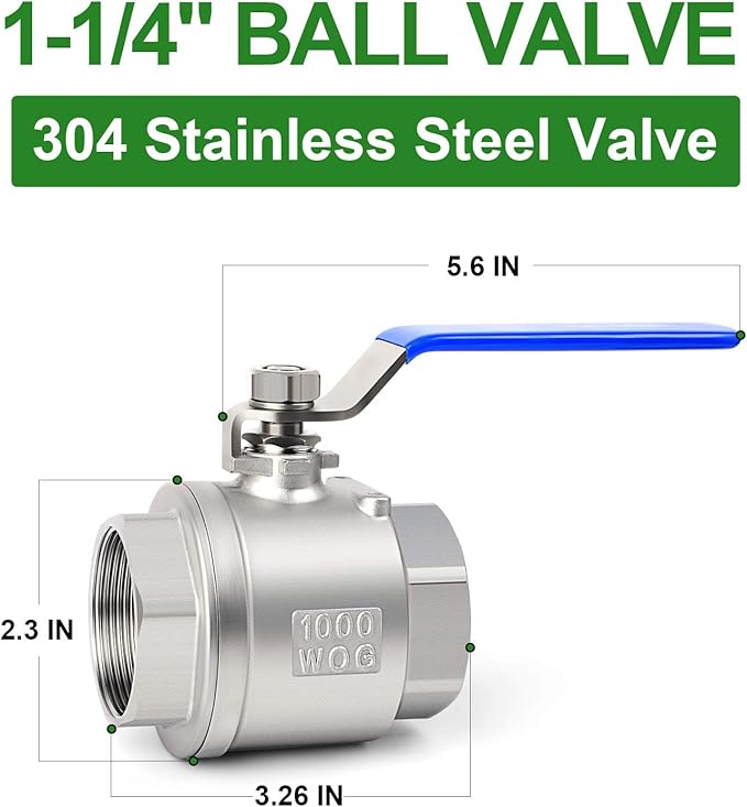 TAISHER 1 PCS 1-1/4 Inch FNPT Heavy Duty Full Porat Ball Valve 304 Stainless Steel with Blue Handles