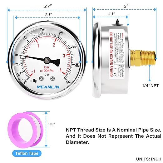 MEANLIN MEASURE -30inHG~60Psi Vacuum Pressure Gauge 1/4" NPT 2.5" FACE DIAL, Stainless Steel Liquid Filled Pressure Gauge WOG Water Oil Air Center Back Mount
