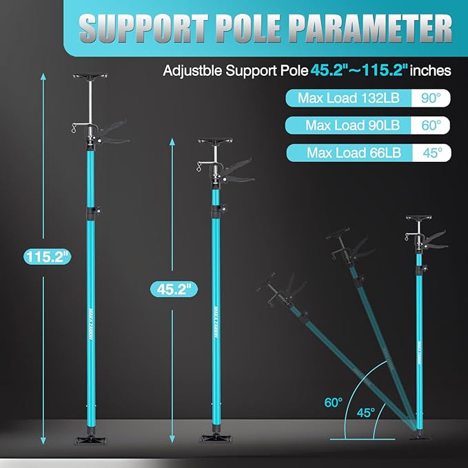 Steel Adjustable Cabinet Jack Support Pole, Quick Support Rod & Drywall Jack, Zip Wall Dust Barrier System, 3rd Hand Support System Load 132LB, Cabinet Installations Tools from 45.2-115.2 in, 4-Pack