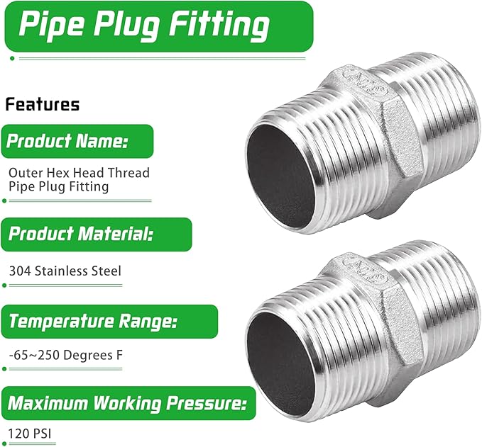 Stainless Steel Nipple Pipe Fittings, NPT Threaded Pipe Fitting 3/4" Male x 3/4" Male (Pack of 2)