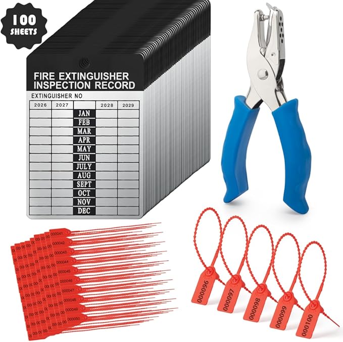 100 Sets 2026–2029 Fire Extinguisher Tags Aluminum Metal Inspection Record Tags 2.2 x 3 Inch with Hole Puncher & Numbered Security Zip Ties for Monthly Fire Extinguisher Inspection Indoor Outdoor