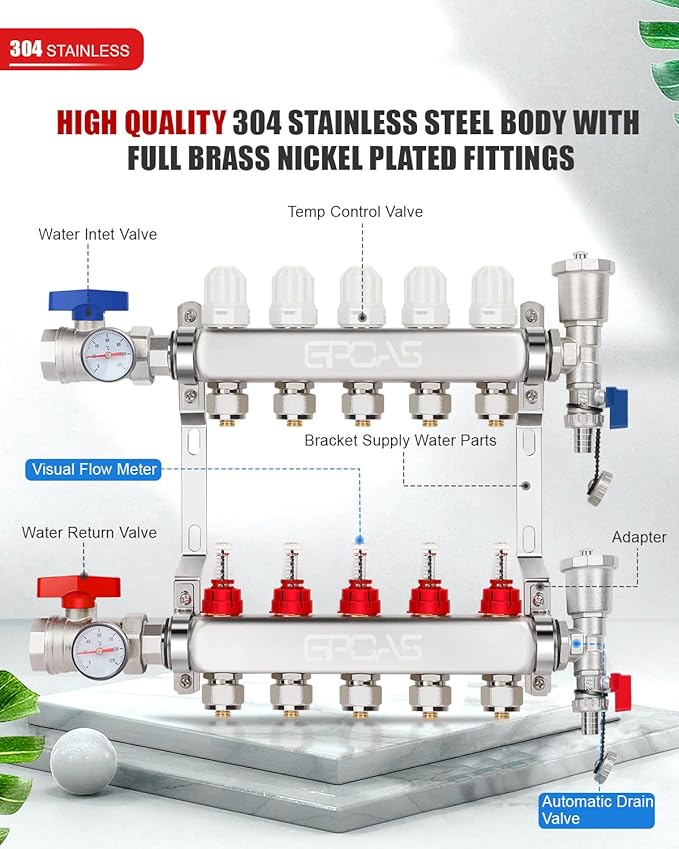5-Branch Radiant Floor Heating Pex Manifold Hydronic Radiant For 1/2" PEX Tubing,5 Loops Radiant Heat Pex Manifold Set