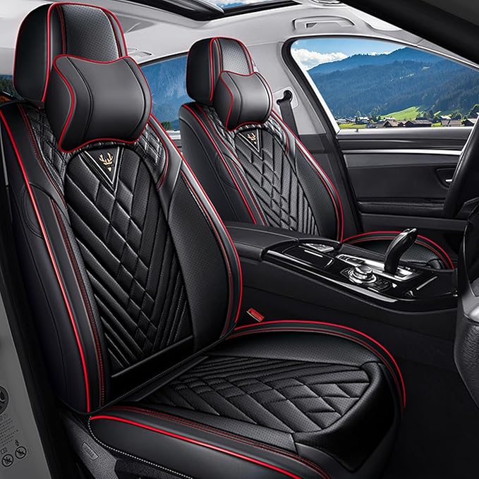 Car Seat Covers for Jaguar E-PACE 2018-2024,Breathable Nappa Leather Car Seat Protector,Front Seat Cover with Pillow Automotive Seat Cushion with Airbag Compatible(Front Seats,Black-Red)