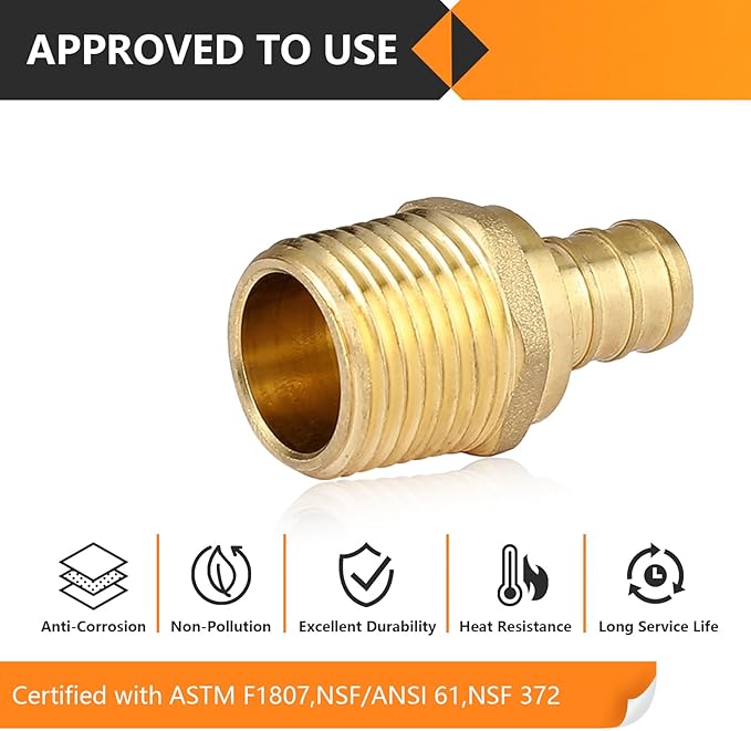 50-Pack HeSun PEX Fittings, 1/2" PEX x 1/2" Male NPT, 1/2 Inch Brass Crimp Male Adapter Fitting, ASTM F1807(PEX1807017-50)