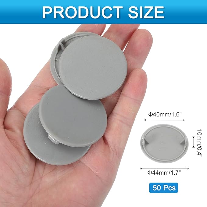 uxcell 50Pcs Plastic Hole Plugs, 1-3/5"(40mm) Flush Type Panel Round Screw Caps Cover Fastener Knockout Locking Plugs for Furniture Insert End Caps Panels, Gray