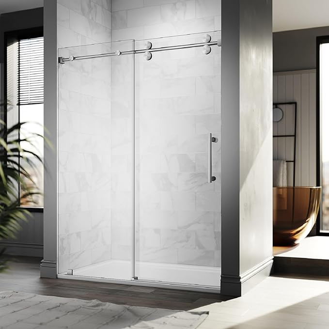 56-60 Inch x 80 Inch Sliding Frameless Shower Door, 3/8" Tempered Glass with Easy-Cleaning Coating, Stainless Steel Rollers & SGCC-Certified Stability, Brushed Nickel
