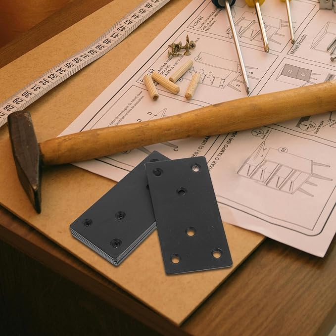 jojofuny 6 Sets Black Flat Repair Plates with Screws for Wood Furniture Reinforcement Straight Metal Brackets for Secure Fixing and Stable Support in Home and Office Use