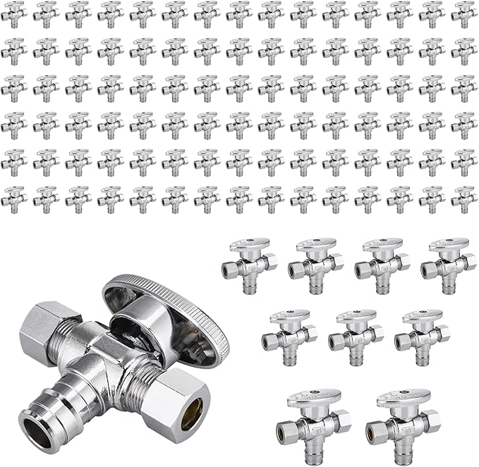 100-Pack Foskan Dual Outlet Angle Stop Valve,1/4 Turn Shut off Valve,1/2" PEX-A x 3/8" OD x 3/8" OD,Chrome Plated Brass