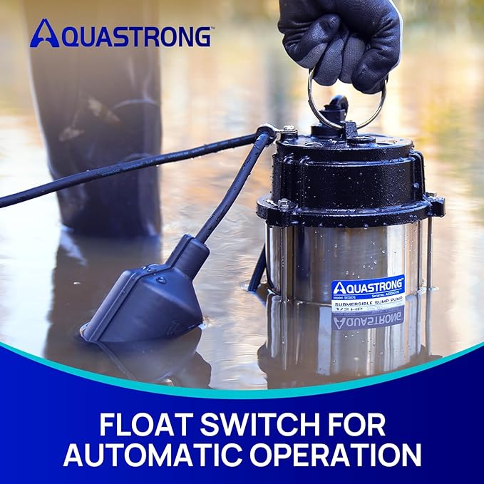 AQUASTRONG 1/2 HP Sump Pump Submersible, 3830 GPH Stainless Steel and Cast Iron Sump Pump, Automatic Float Switch with Piggy-back Plug,1-1/2" NPT Discharge Subpumps for Basement and Flooding Area