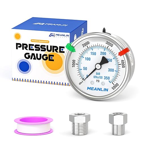 MEANLIN MEASURE 0~5000Psi Stainless Steel Liquid Filled Pressure Gauge 2.5" FACE DIAL 1/4" NPT for WOG Water Oil Air Back Mount with Stainless Steel Hex Bushing and Snaps