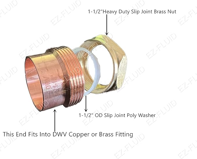 EZ-Fluid (1) 1-1/2" DWV Sweat FTG x Slip-Joint Copper Trap Adapter Drain Fitting,Adapts Copper To Tubular,FTG x SJ Brass Trap Adapter Brass Solder Fitting,Sweat End Fits Into DWV Pipe