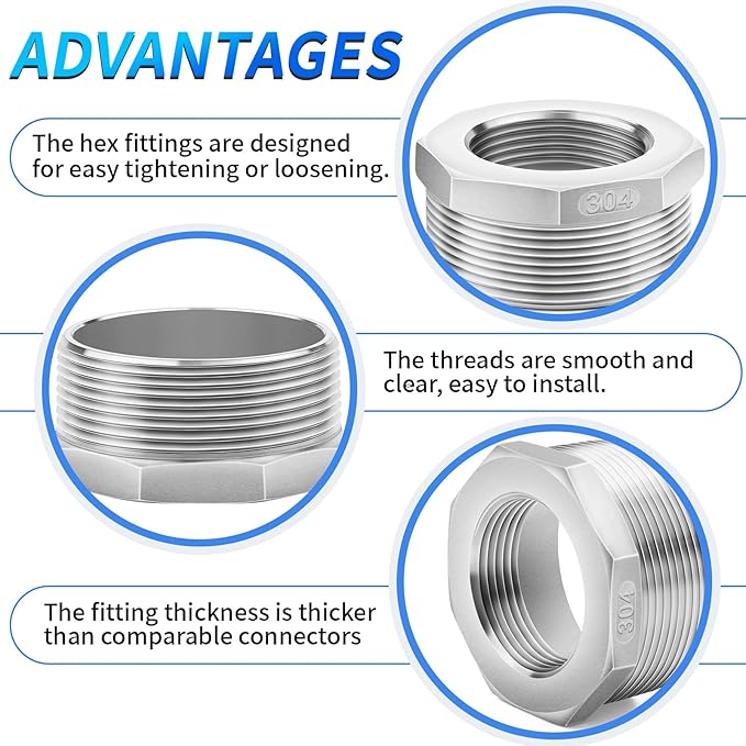 ChillWaves 304 Stainless Steel Pipe Fitting, Reducer Hex Bushing 2" NPT Male x 1-1/4" NPT Female Thread Adapter(2-PACK)