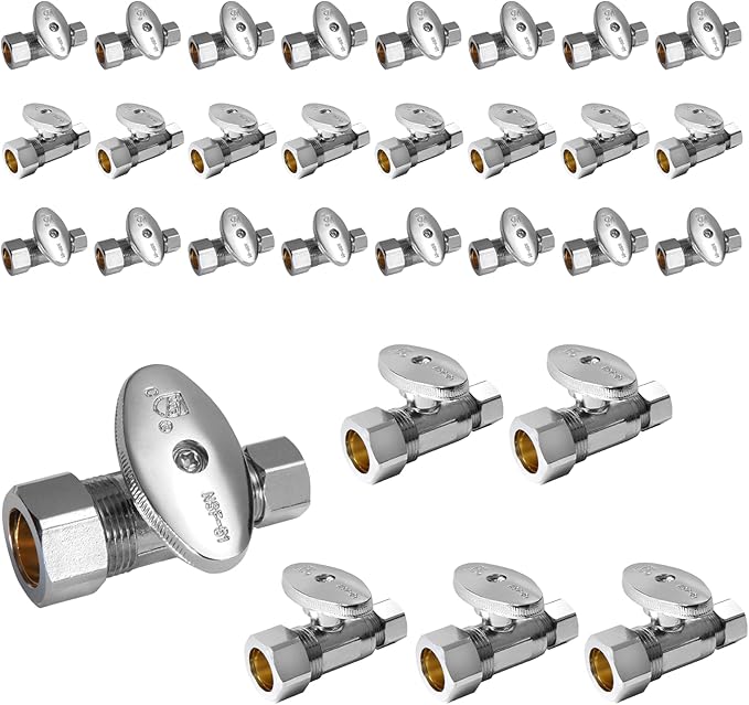 30-Pack Foskan 1/4 Turn Compression Straight Shut off Valve,Straight Stop Valve 1/2" NOM (5/8" OD) x 3/8" OD,Chrome Plated Brass