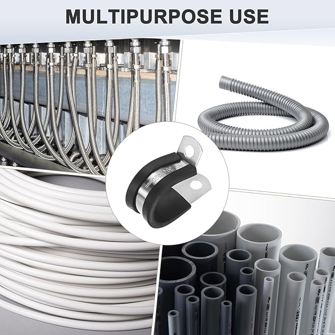25-Pack Cable Clamps, 25/32 inch/ 20 mm 304 Stainless Steel Rubber Cushioned Insulated Cable Clamp R Shape Metal Holder for Tube/Wire/Pipe/Loop Installation