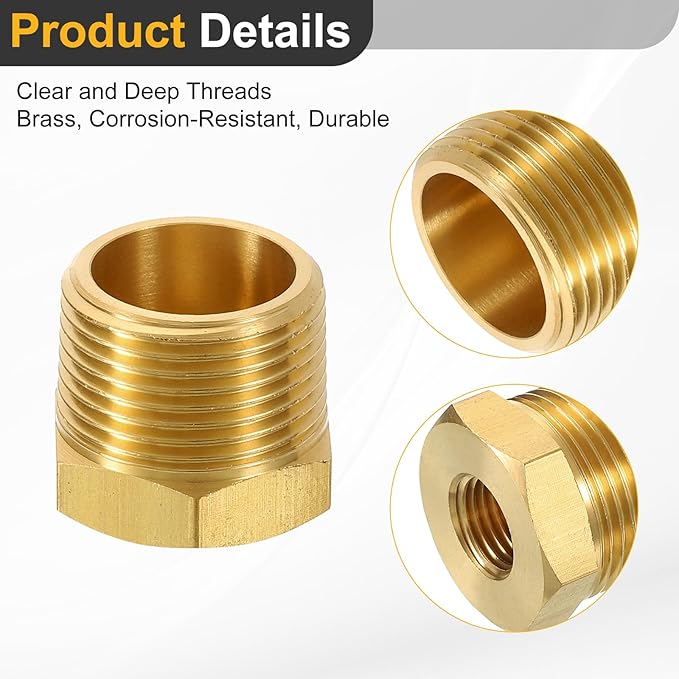 uxcell 1Pcs 3/4 BSPT Male x 1/4 NPT Female Brass Reducer Hex Bushing Threaded Pipe Fitting, Brass Threaded Pipe Fitting Adapter for Water, Gas, Oil Pipeline Systems