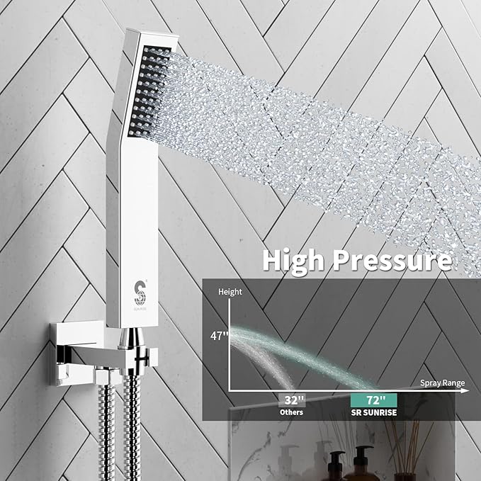 SR SUN RISE 10 Inches All Metal Bathtub Faucet Set Shower System with Tub Spout Square Rain Shower Head and Handheld Combo Shower Fixtures, Modern Valve and Trim Kit, Polished Chrome