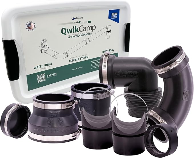 Fernco QwikCamp RV and Camper Sewer Waste Plumbing Connection System Kit with Slip Fit Coupling Adapter for 3-in. PVC Pipe and Pipe Stands in Black