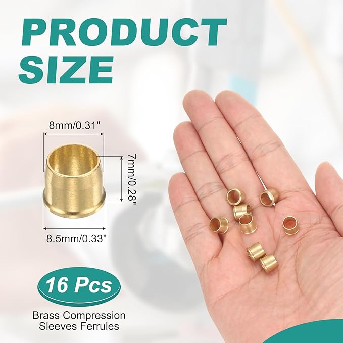 PATIKIL 6.35 mm OD Tube Compression Sleeves Ferrules, 16 Pack Brass Ferrule Compression Fittings for Water Oil Air Pipes